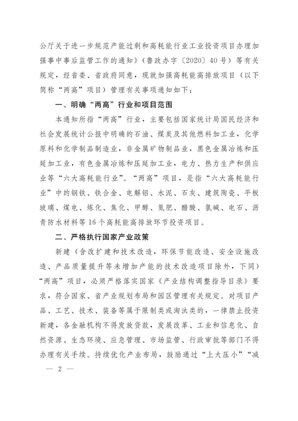 山東省人民政府辦公廳關于加強“兩高”項目管理的通知（附兩高項目管理目錄）